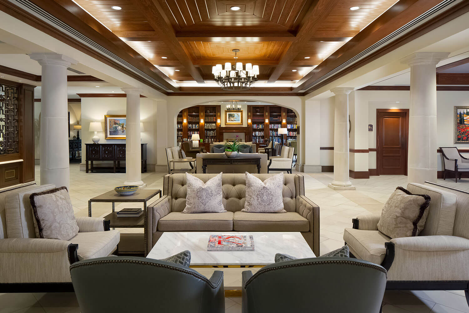 Grand foyer of Edgemere retirement community with beautiful architecture 