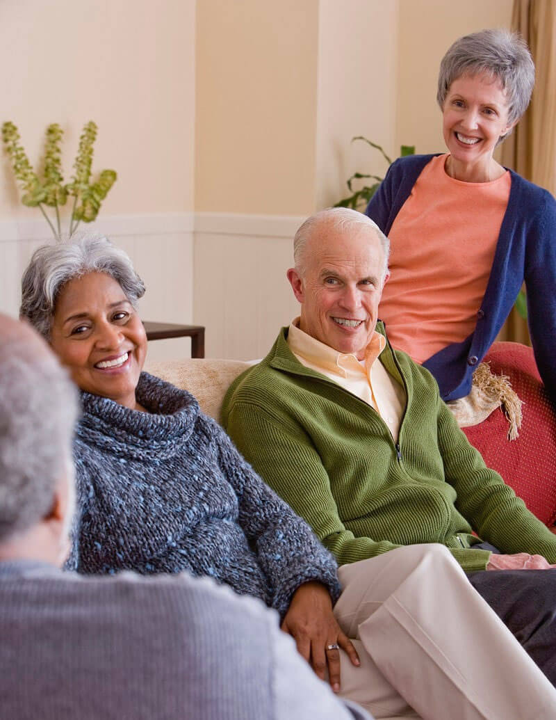 Small group of seniors conversing in a living room